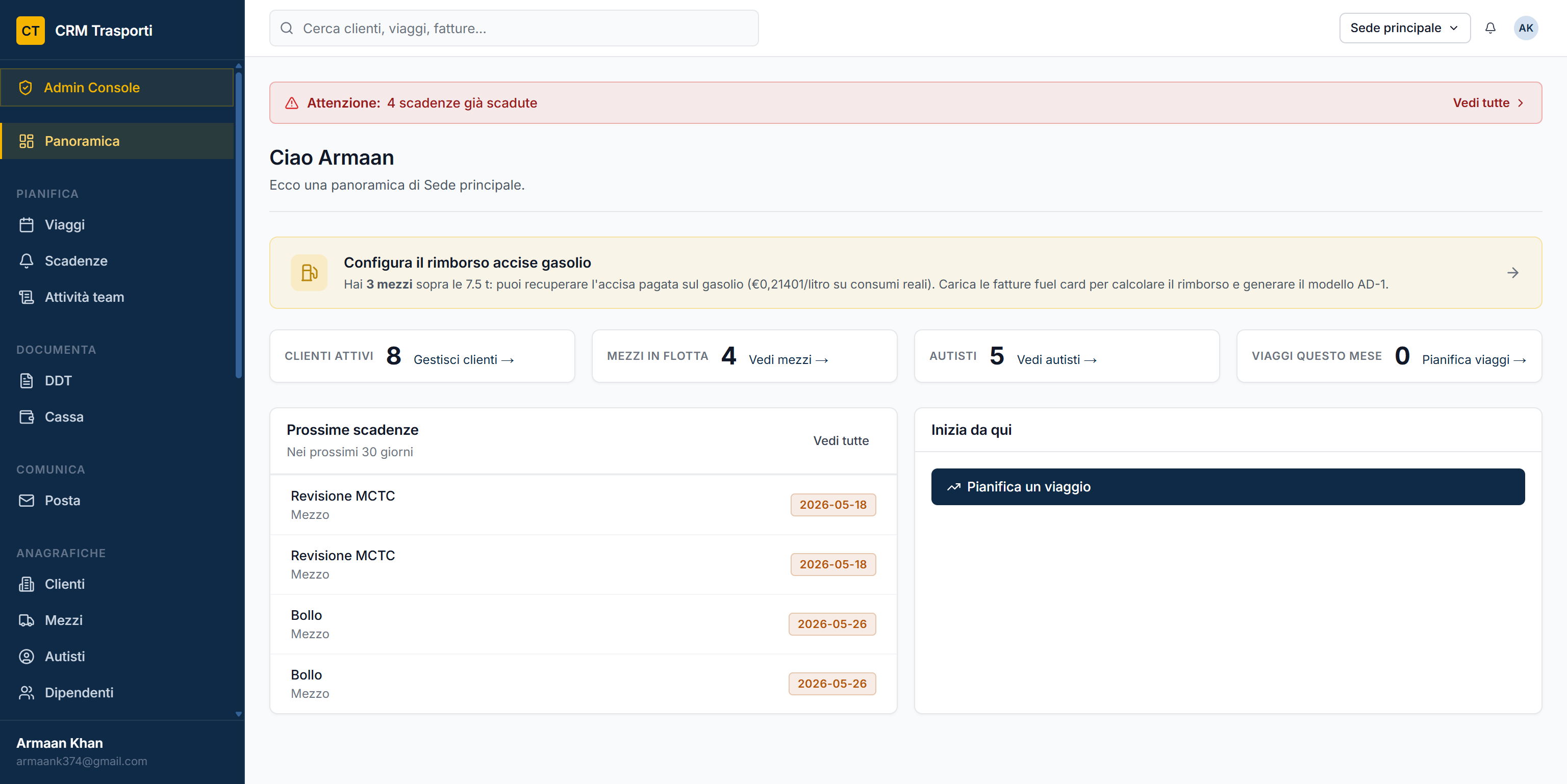 Dashboard CRM Trasporti, KPI flotta, scadenze, cassa in un colpo d'occhio