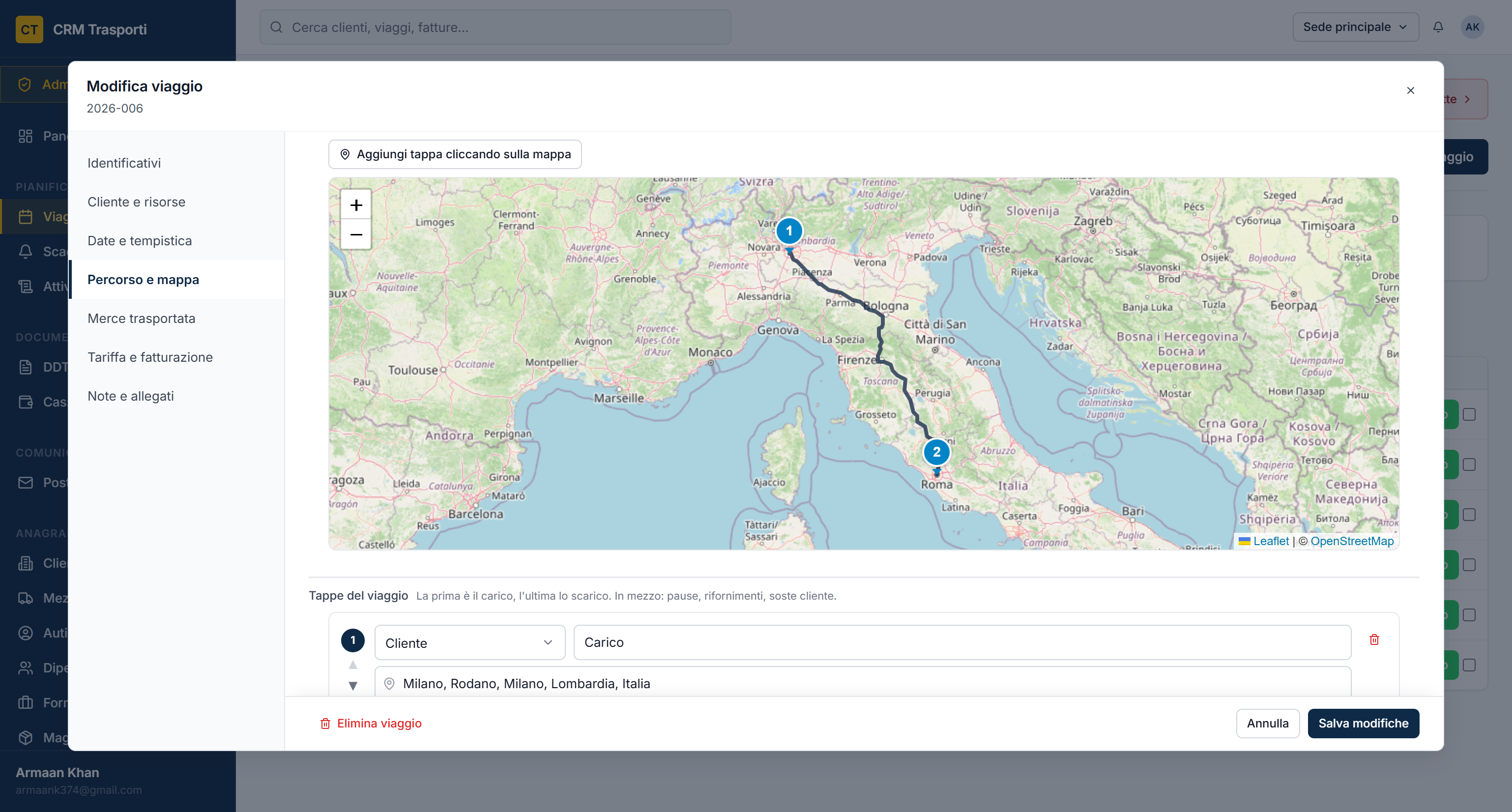 Pianificazione viaggio, mappa del percorso con tappe, mezzo e autista